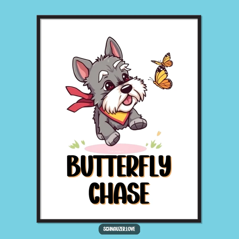 Funny Schnauzer Butterfly Poster: Playful Chase Art, Perfect Unique Gift