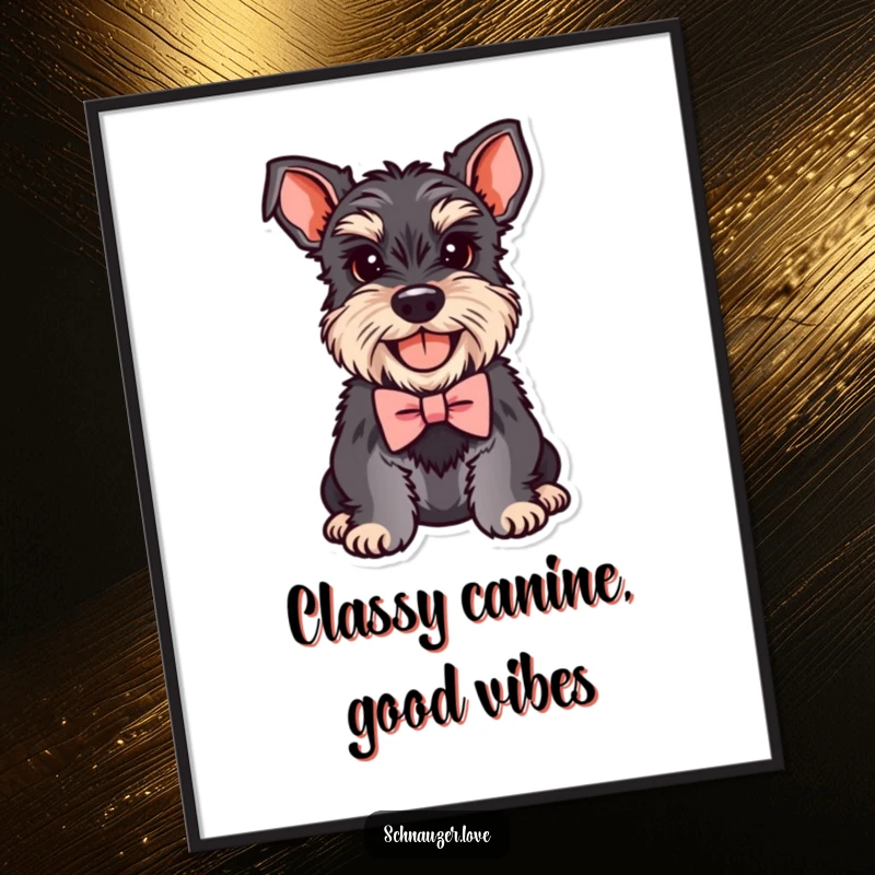 Funny Schnauzer Poster featuring a smiling dog wearing a tiny, elegant bowtie, adding a touch of class and humor to decor.