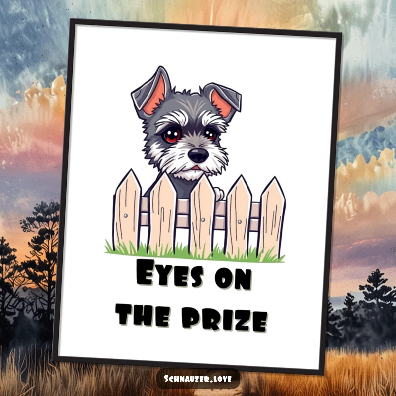 Funny Poster featuring a small schnauzer with expressive eyes peeking over a tiny fence with keen interest.