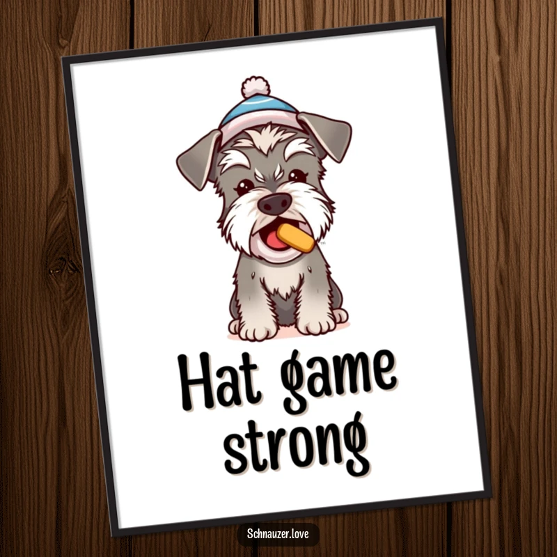 Funny Schnauzer poster, a cute dog in a tiny hat begging for a treat, charming and humorous wall art.