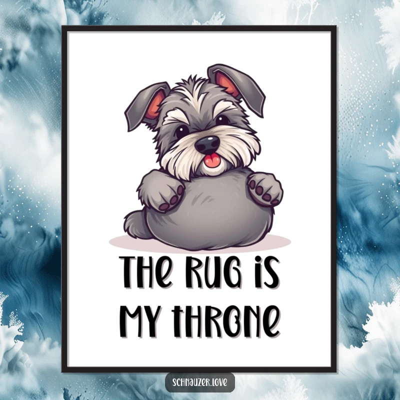 Funny Schnauzer Poster displays a beloved dog rolling over, offering its belly for rubs, bringing humor and charm to any room.