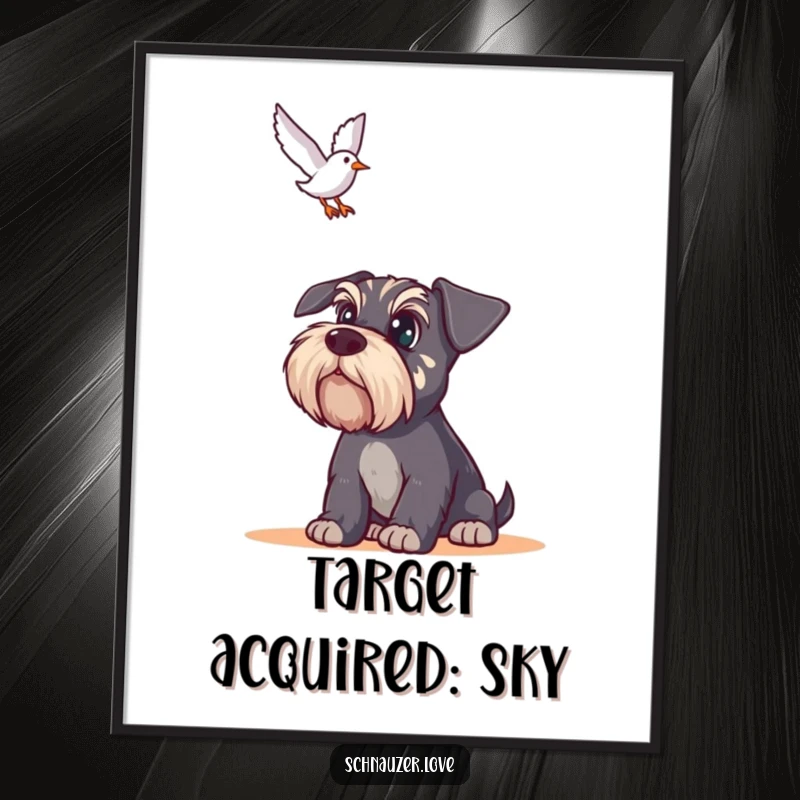 Funny Schnauzer Poster: A schnauzer with wide, focused eyes watches a bird fly overhead, capturing a moment of humorous vigilance.