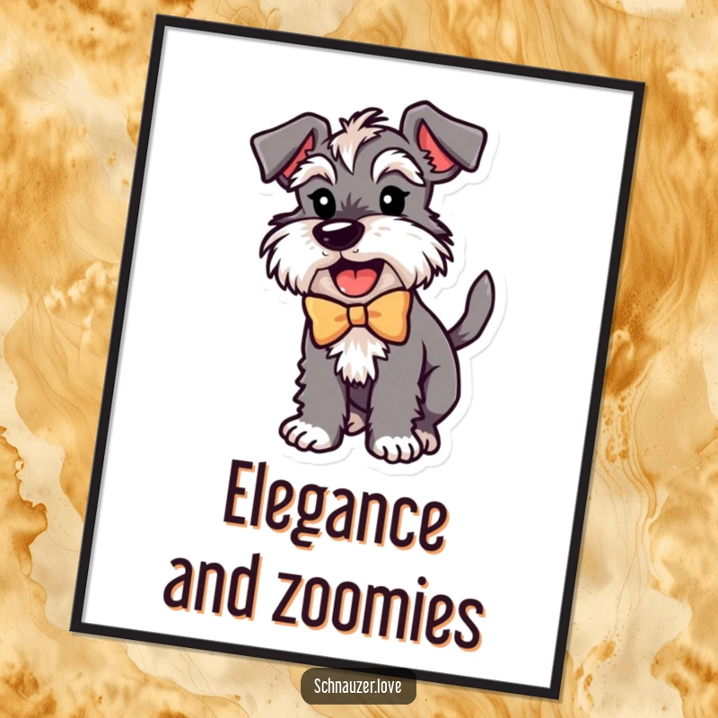 Funny Schnauzer Poster: An illustration of a schnauzer wearing a bow, wagging its tail with extreme excitement, perfect wall art.