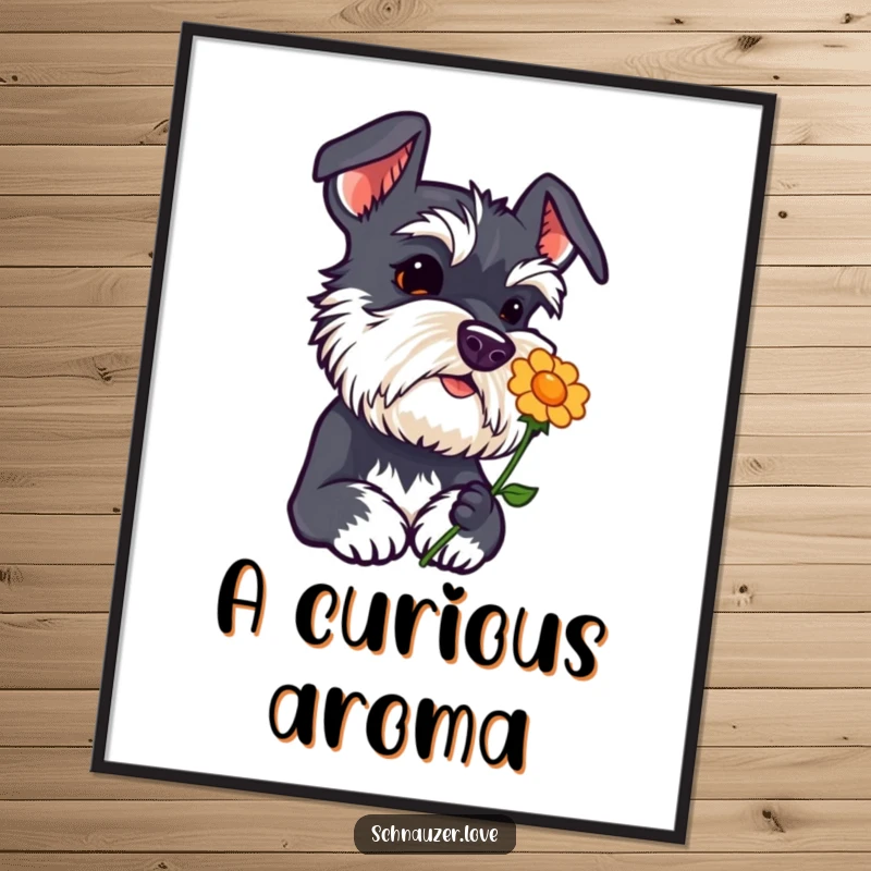Funny schnauzer poster with head tilted curiously sniffing a flower icon, an adorable and inquisitive dog, wall decor.