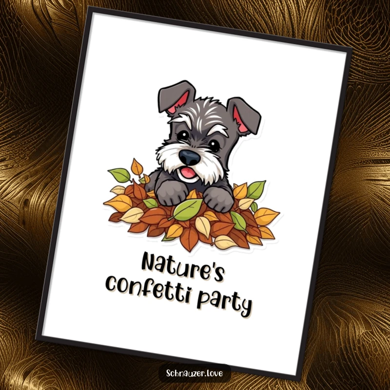 Funny Schnauzer Poster: A schnauzer character joyfully digging in a mound of colorful autumn leaves, perfect wall art.