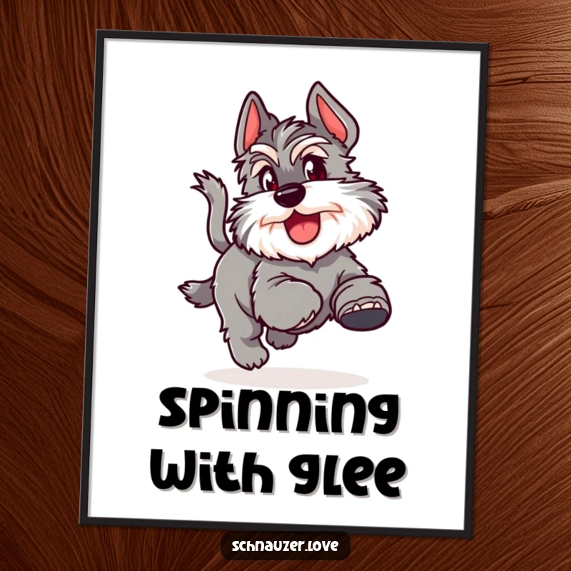 Funny Poster featuring a fluffy schnauzer joyfully chasing its tail, capturing a moment of pure canine exuberance.