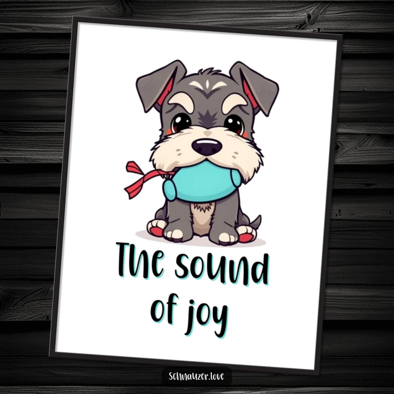 Funny Schnauzer Poster: Illustration of a schnauzer character proudly holding a small squeaky toy in its mouth, delightful wall art.