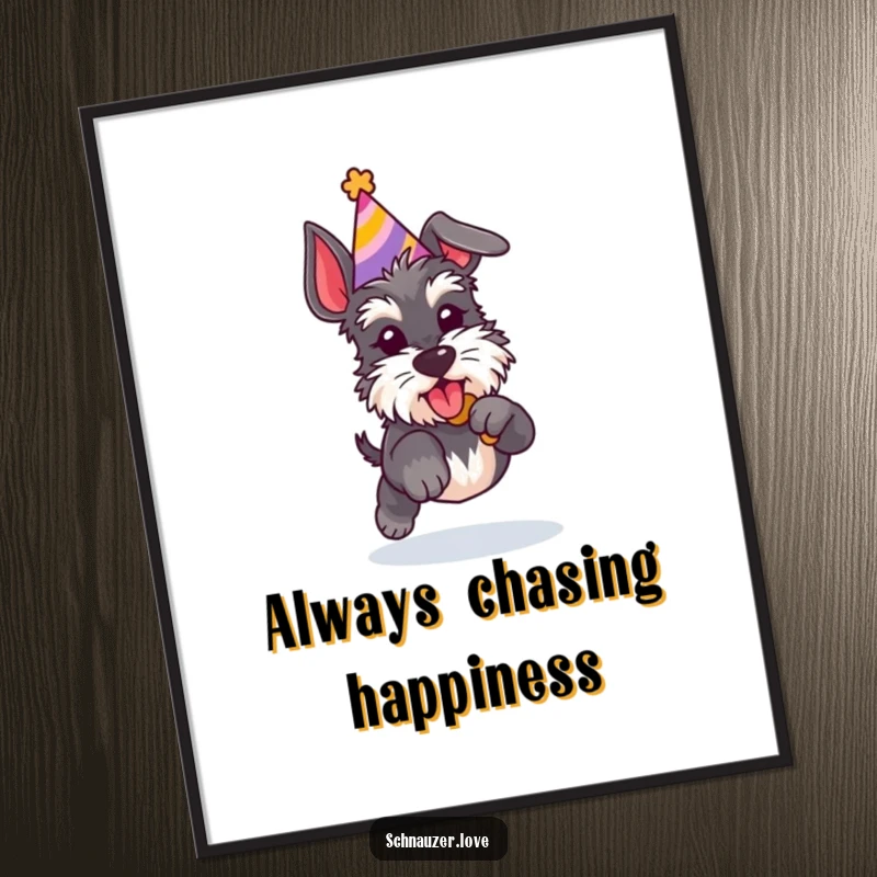 Funny Schnauzer poster print of a dog in a party hat leaping for a treat, full of action and playful spirit.