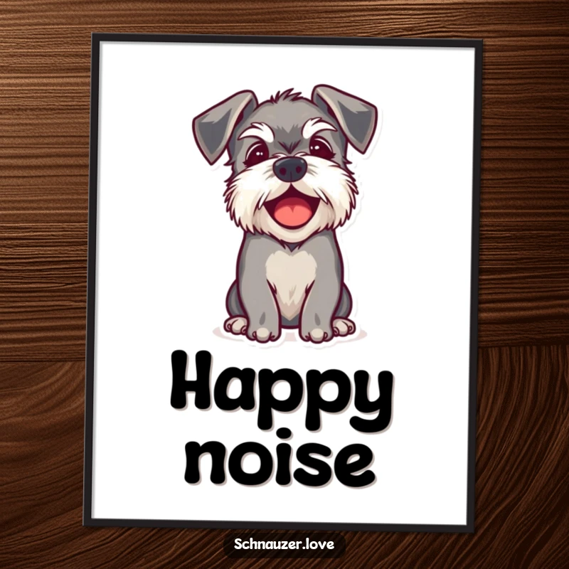 Funny poster art of a schnauzer with floppy ears barking happily, capturing a moment of pure, unadulterated canine glee.
