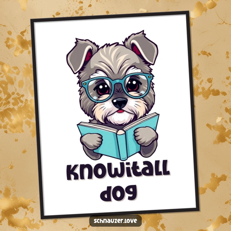 Funny schnauzer poster, an illustration of a fluffy dog wearing glasses, deeply engrossed in reading a book, adding a scholarly vibe.