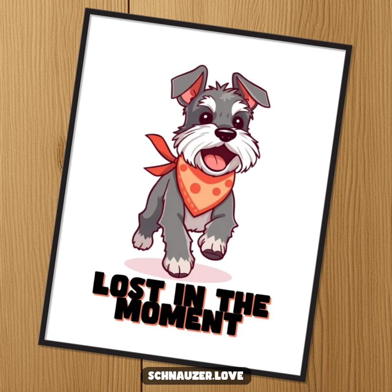 Funny Schnauzer poster print of a silly dog wearing a bandana, excitedly chasing its tail in a humorous spin.