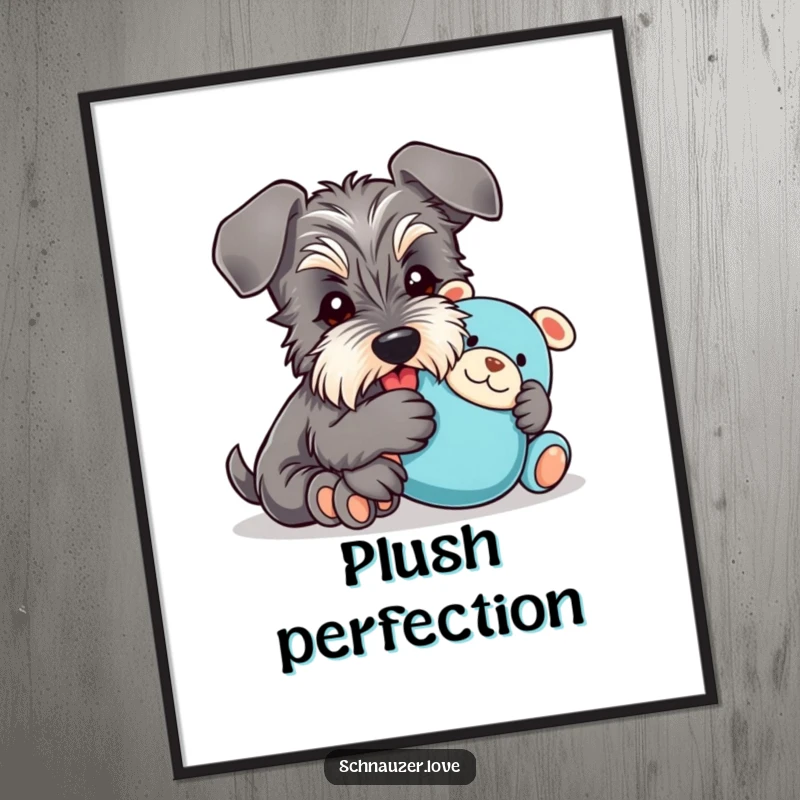 Funny Poster: A schnauzer with floppy ears joyfully embraces a plush toy, creating a heartwarming and humorous piece of wall art.