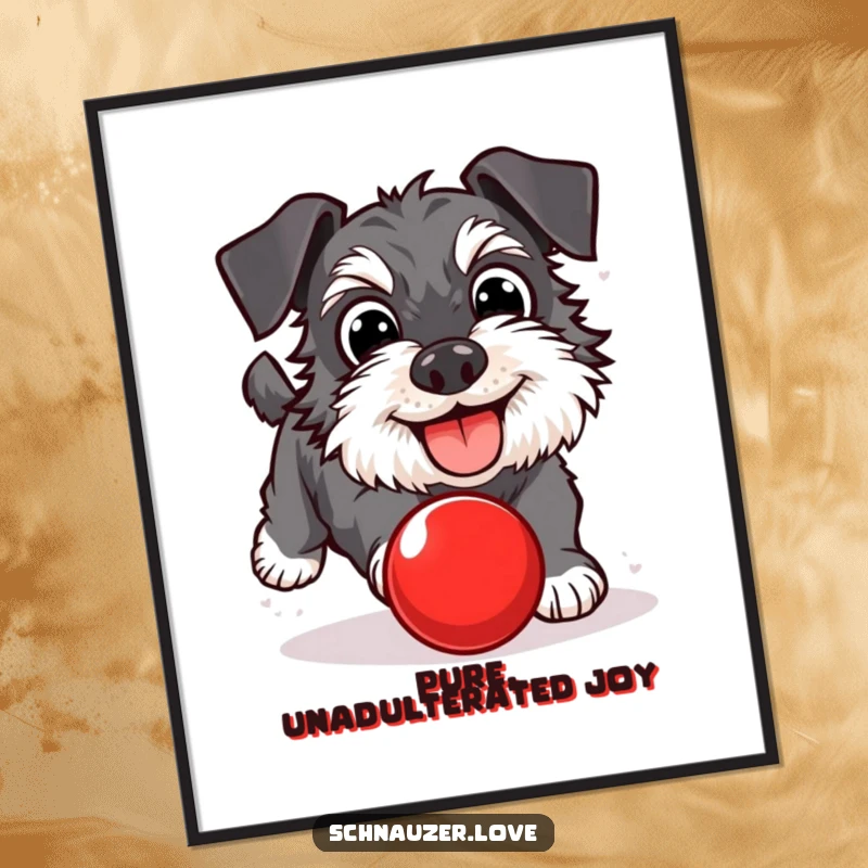 Funny Schnauzer Poster: An enthusiastic dog with big eyes, chasing a bouncing red ball. Energetic wall art, a perfect funny gift.