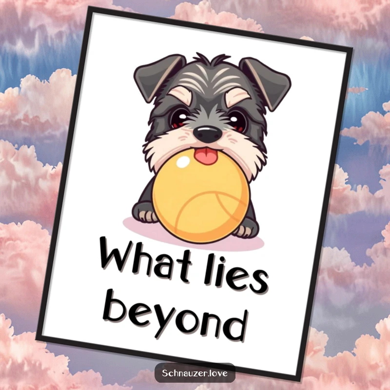 Funny Schnauzer poster print of a curious dog peeking over a ball, tongue slightly out, full of playful intrigue.