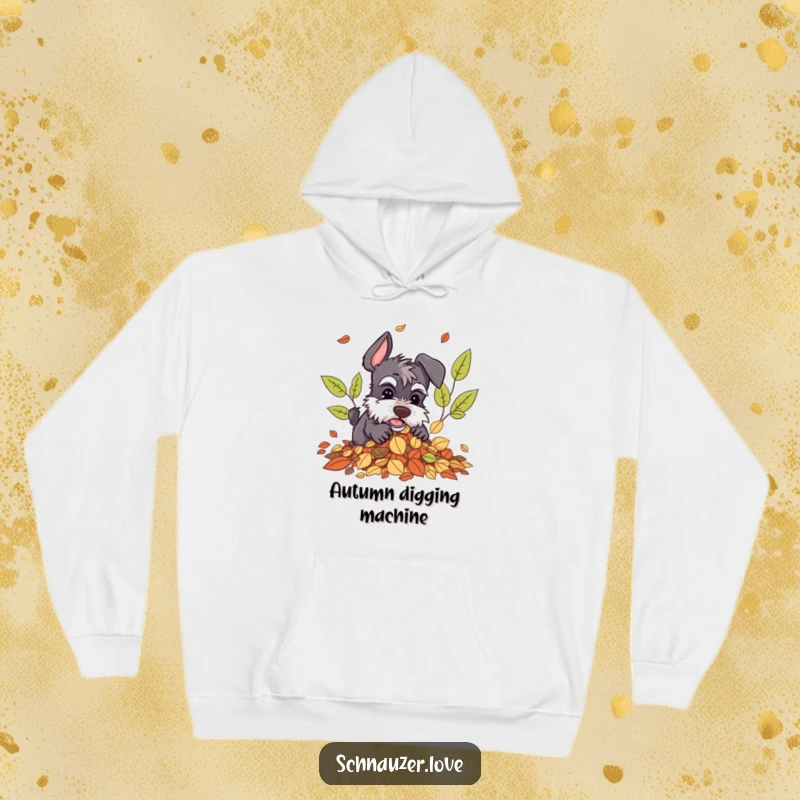 Funny Schnauzer Hoodie: A schnauzer character playfully digging amidst a large pile of colorful autumn leaves, celebrating fall.