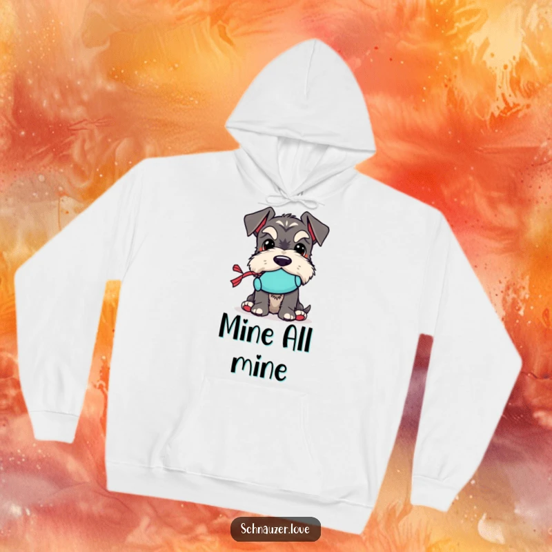 Funny Schnauzer Hoodie: Depicts a schnauzer character holding a small squeaky toy in its mouth, perfect for cozy wear.