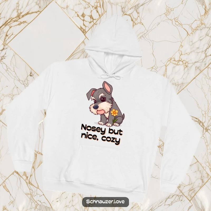Funny Schnauzer Hoodie featuring a curious dog sniffing a flower, offering warmth and a touch of gentle, whimsical charm.