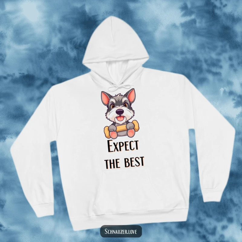 Funny Schnauzer hoodie depicting a happy dog holding a bone, looking up expectantly, ideal for cozy wear and expressing pet adoration humorously.