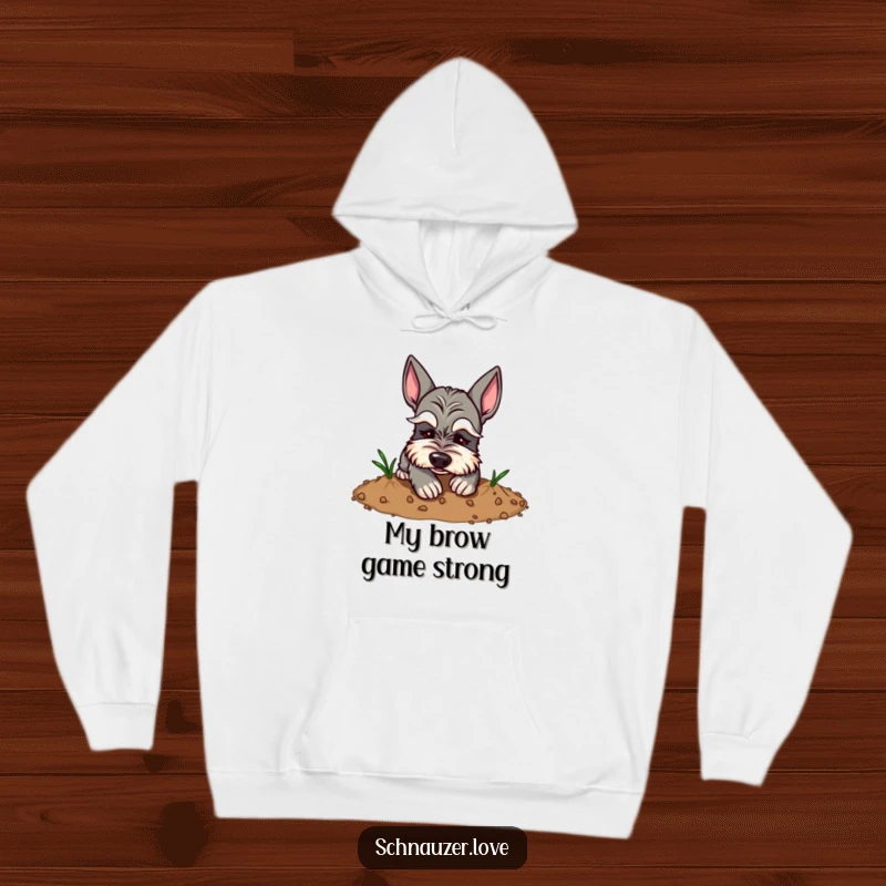 Funny Schnauzer Hoodie: Schnauzer sporting exaggerated eyebrows, hilariously digging in dirt, embodying playful mischief.