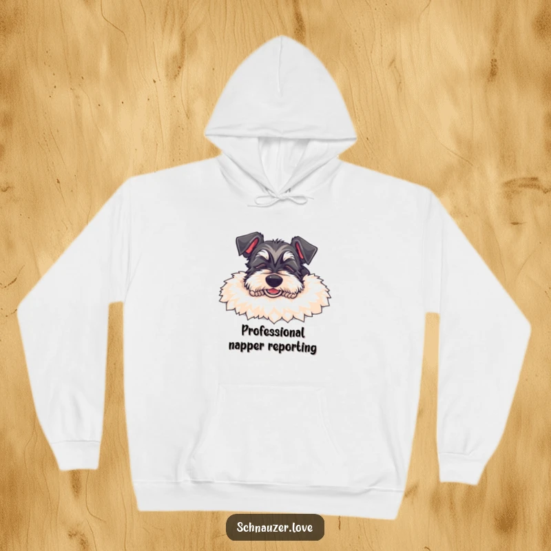Funny Schnauzer Hoodie: Adorable happy schnauzer dog depicted sleeping soundly on a fluffy rug, a humorous ode to comfort.