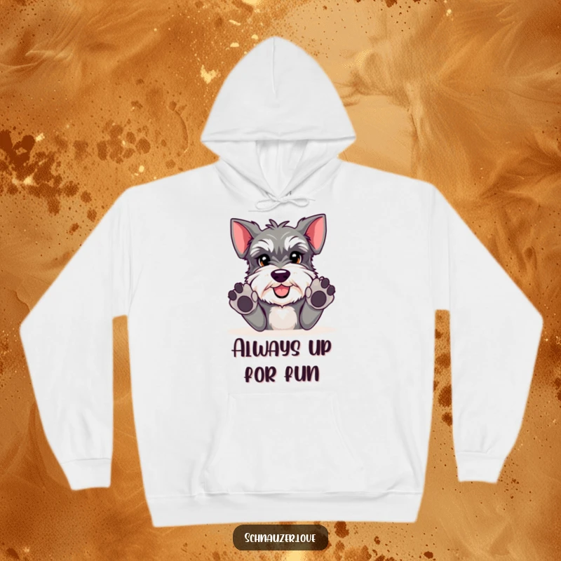 Funny Schnauzer hoodie depicting a cheerful schnauzer with paws out, ready for fun and playful adventures.