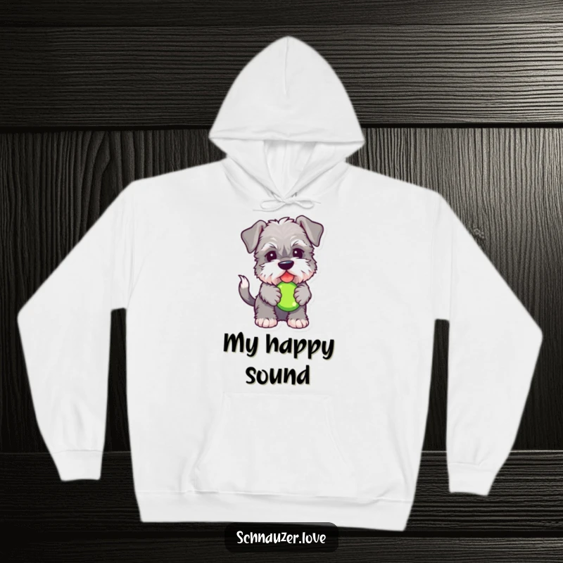 Funny Schnauzer hoodie depicting a fluffy dog with a wagging tail, holding a squeaky toy, ideal for cozying up with pet-themed humor.