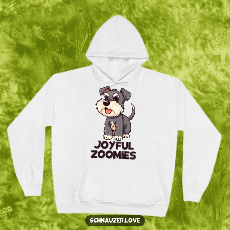 Funny Schnauzer hoodie showcasing an excited schnauzer with a furiously wagging tail, ideal for cozy laughs.
