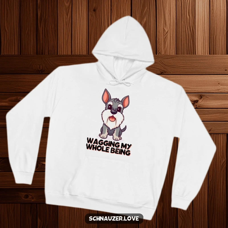 Funny Hoodie featuring a stylized schnauzer with a perky beard, its tail in a blur of excited, happy wagging.