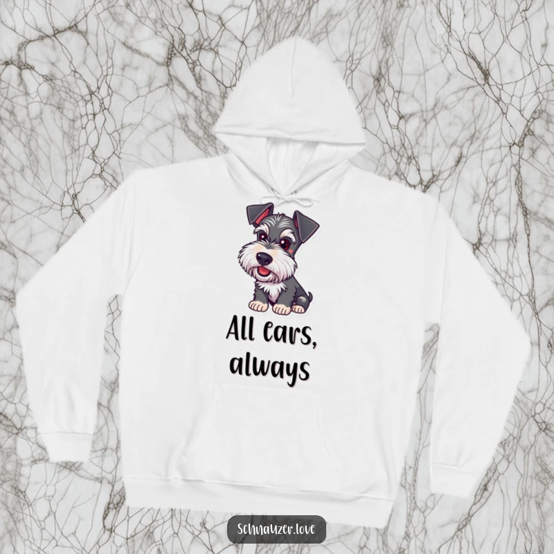Funny Schnauzer Hoodie: A dog with ears perked listens intently, demonstrating playful focus and keen observation.