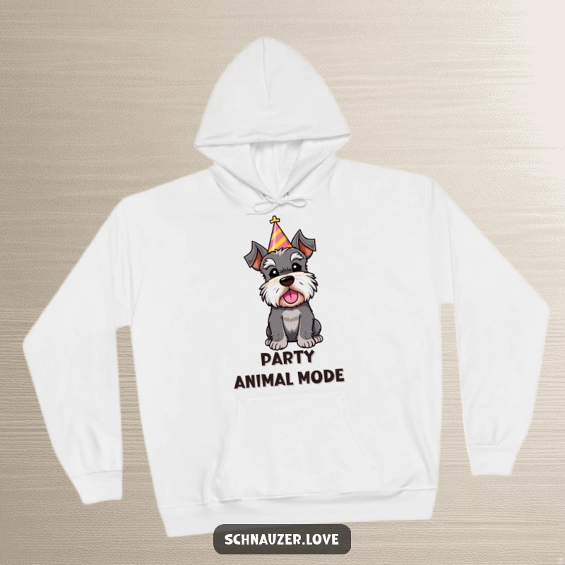 Funny hoodie print of a schnauzer character wearing a festive party hat, tilting its head adorably, embodying celebratory spirit.