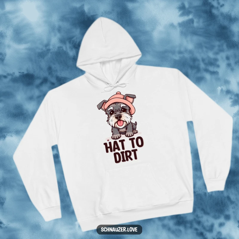 Funny hoodie illustrating a schnauzer sporting a tiny hat, digging with great enthusiasm, embodying playful outdoor activities.