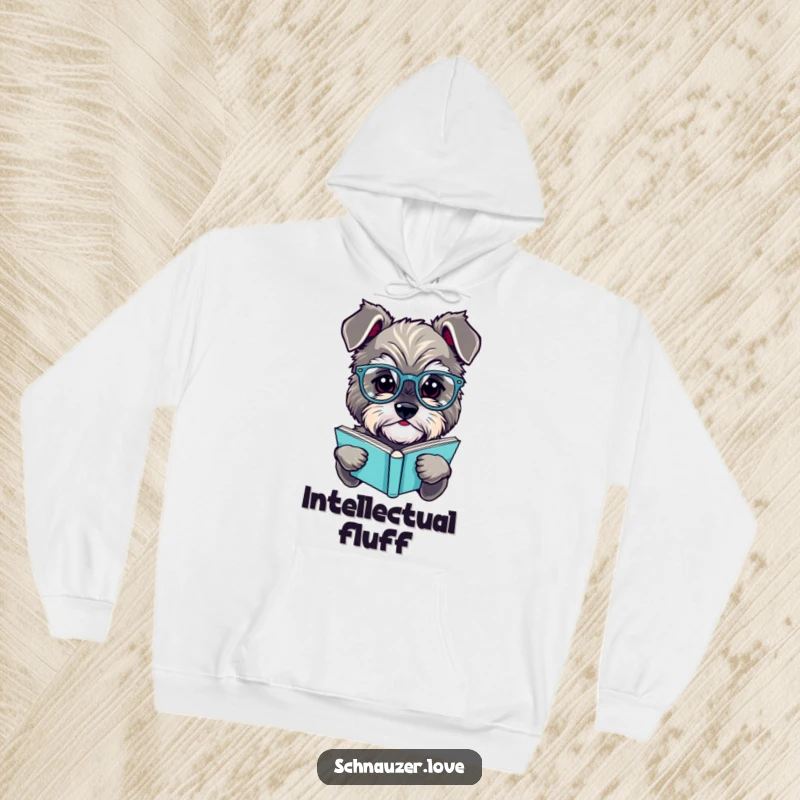 Funny schnauzer hoodie, a fluffy dog wearing tiny glasses, engrossed in a book, offering warmth and intellectual humor.