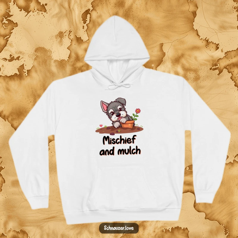 Funny schnauzer hoodie, a fluffy dog playfully digging in a flower pot, dirt flying, embodying mischievous gardening fun.