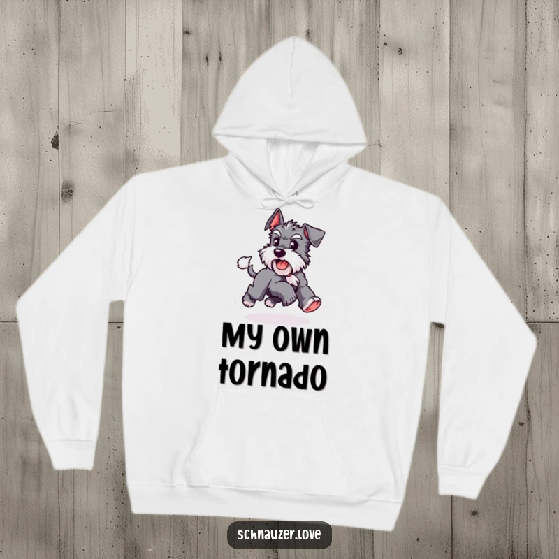 Funny Schnauzer hoodie depicting a playful dog comically chasing its tail, ideal for cozy wear and expressing pet adoration with humorous energy.
