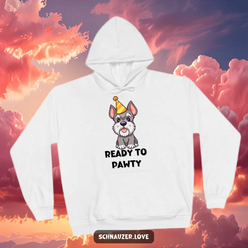 Funny Schnauzer Hoodie showing a schnauzer in a party hat tilting its head inquisitively, ideal for cozy festive wear.
