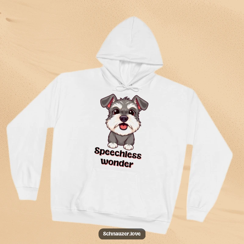 Funny Schnauzer Hoodie featuring a surprised dog with its mouth slightly open, wide eyes conveying a comical reaction.