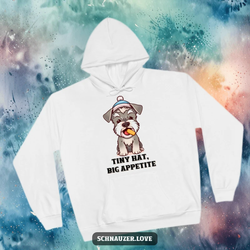 Funny Schnauzer hoodie, a cute dog in a tiny hat begging for a treat, warm and humorous pet wear.