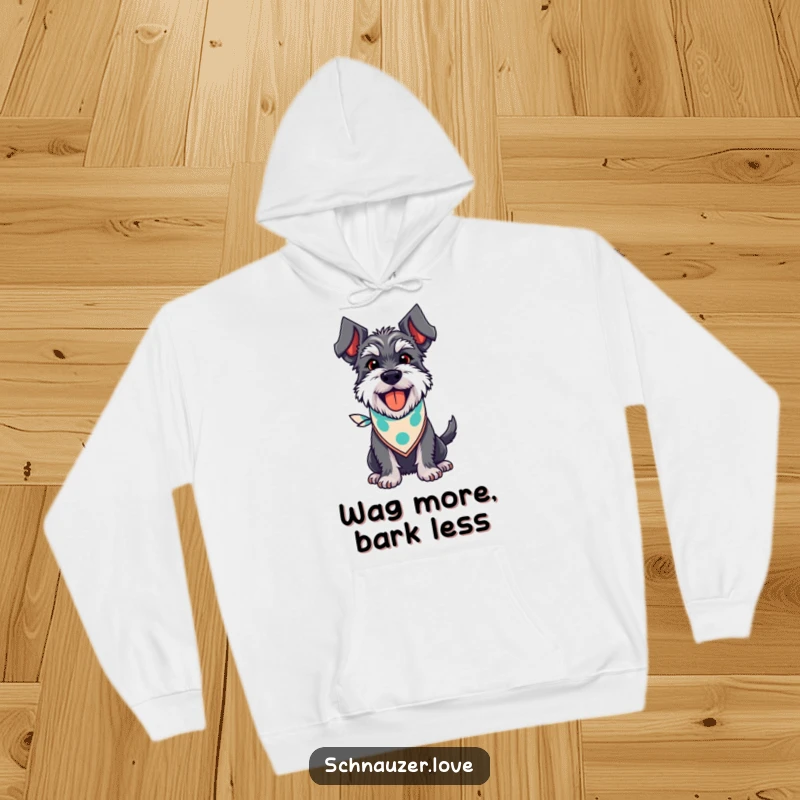 Funny Schnauzer Hoodie: A happy schnauzer in a bandana, captured mid-pant with a furiously wagging tail, radiating pure doggy joy.
