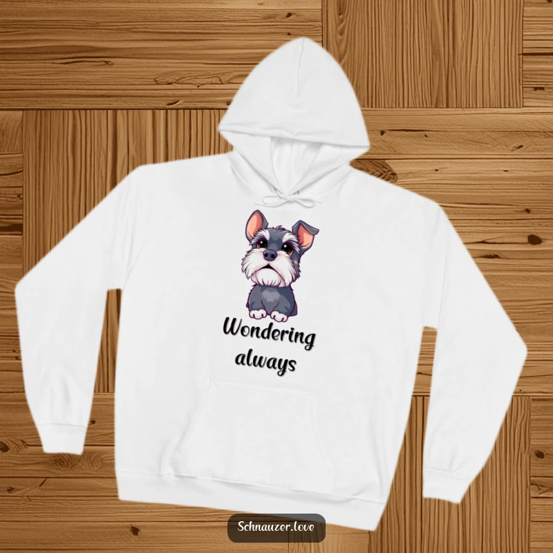 Funny schnauzer hoodie, a fluffy dog with large, expressive eyes looking upwards, embodying a sense of gentle curiosity and wonder.
