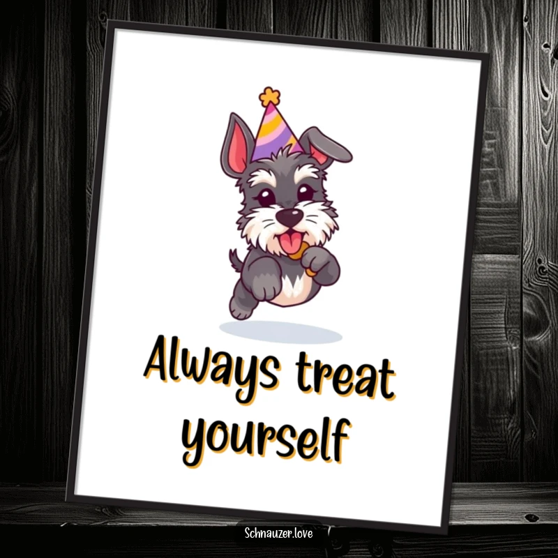 Funny Free Printable Wall Art: Playful Schnauzer wearing a party hat, caught mid-jump, chasing after a treat.