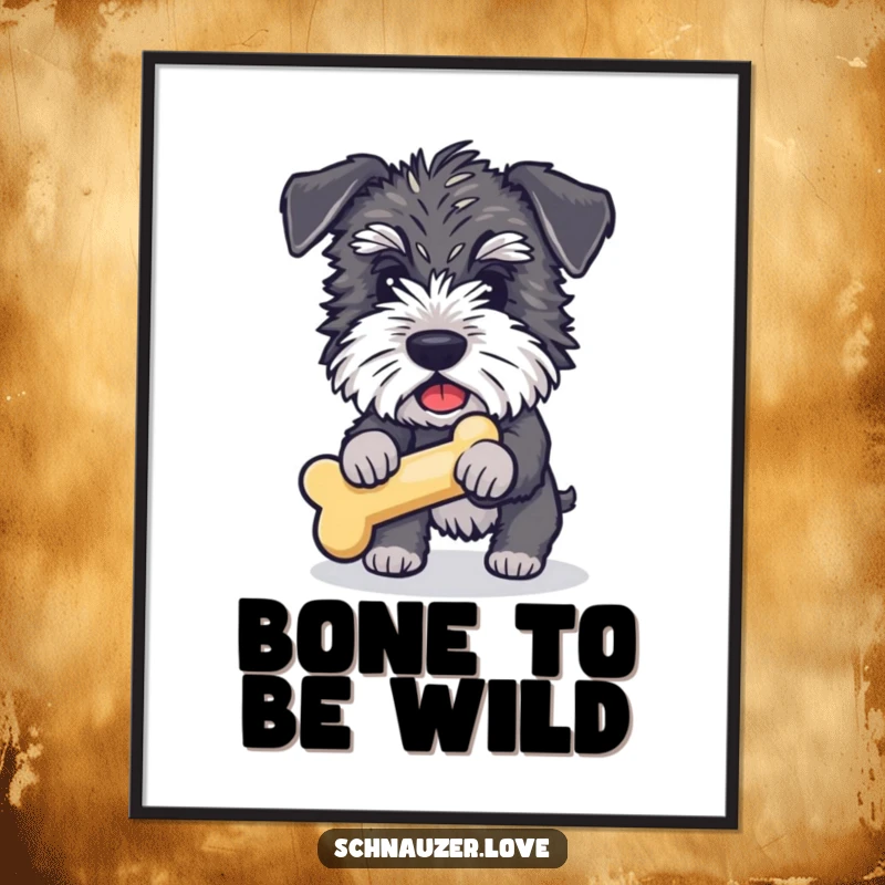 Funny Free Printable Schnauzer Wall Art: A fluffy schnauzer enthusiastically fetching a squeaky bone toy illustration.