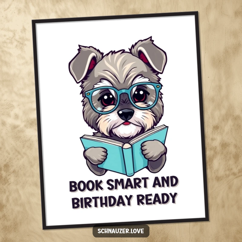 Funny Free Printable Wall Art: A fluffy schnauzer wearing reading glasses is deeply focused on a book.