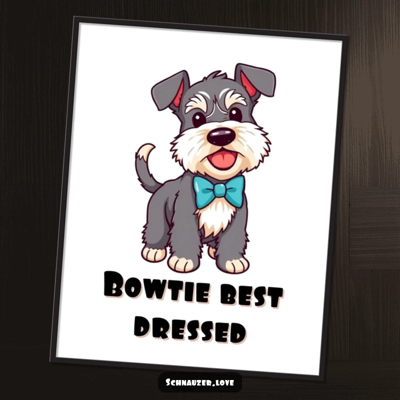 Funny Free Printable Wall Art: Happy Schnauzer wearing a bow tie, wagging its tail enthusiastically, conveying joy.