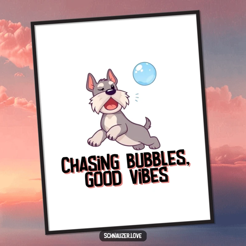 Funny Free Printable Wall Art of a schnauzer character joyfully leaping to catch a floating bubble.