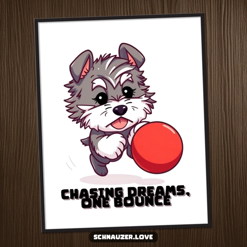 Free Printable Wall Art: A fluffy schnauzer character is energetically chasing a bouncing red ball, showcasing playtime fun.