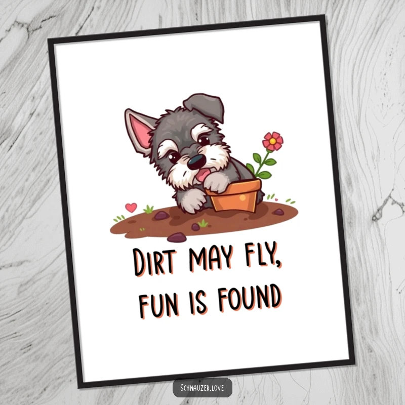 Funny Free Printable Wall Art: A mischievous schnauzer digs joyfully in a small flower pot with dirt flying.