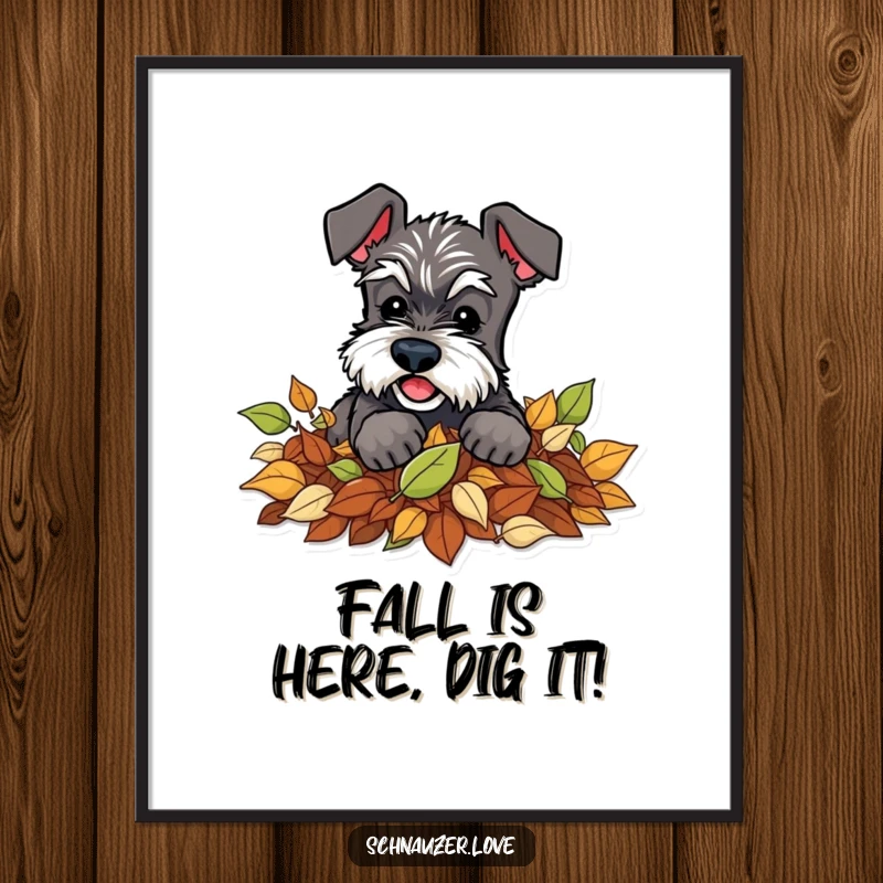 Funny Free Printable Wall Art: Schnauzer joyfully digging in a pile of colorful autumn leaves.