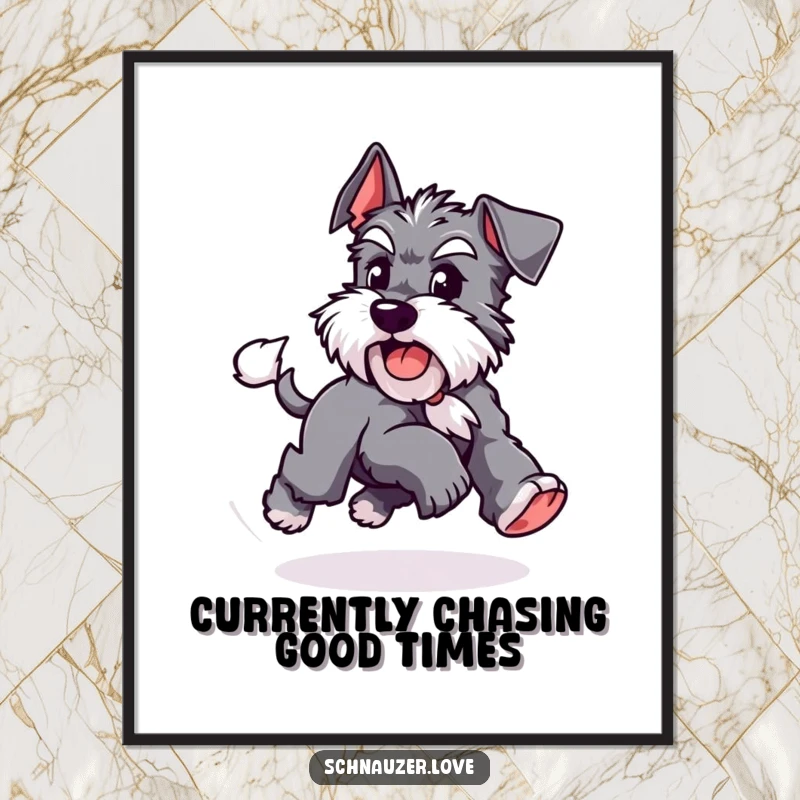 Funny Free Printable Wall Art: a playful Schnauzer caught mid-spin while chasing its tail, full of zest.