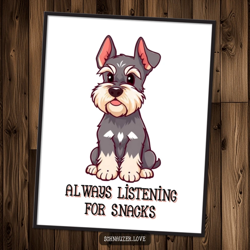 Funny free printable schnauzer wall art of a dog with one ear up, looking attentive and slightly amused.