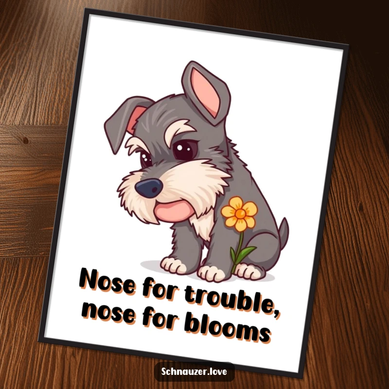 Funny Free Printable Schnauzer Wall Art: A curious schnauzer with its nose to a flower, bringing gentle humor and charm to any room.